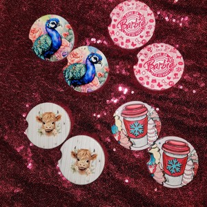 Car coasters, highland cow, peacock, barbie, coffee cup